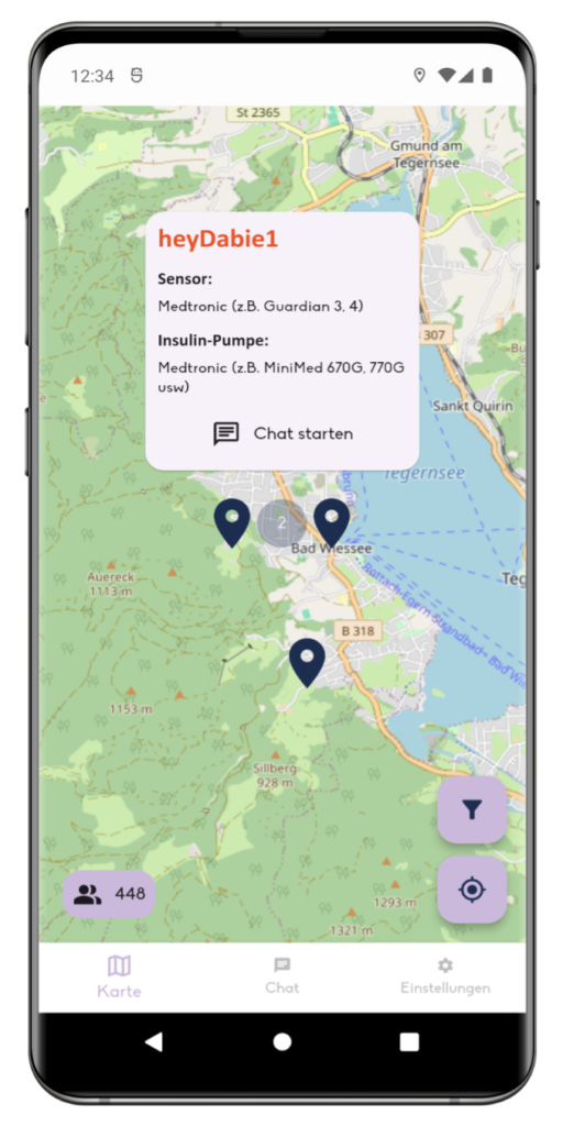 Kartenansicht nah mit Popup der Diabetes Community